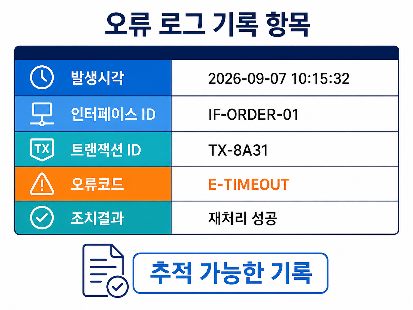 오류 로그 기록 항목 예시를 설명하는 교육용 도식